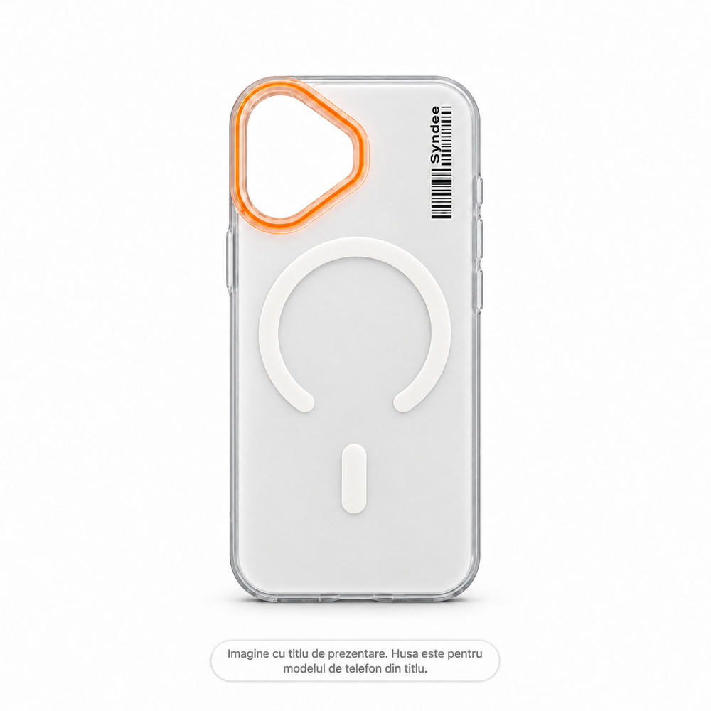 Husa MagSafe Syndee pentru Apple iPhone 16 Pro Max, Policarbonat Mat Translucid, Contur Camera Portocaliu, Transparenta