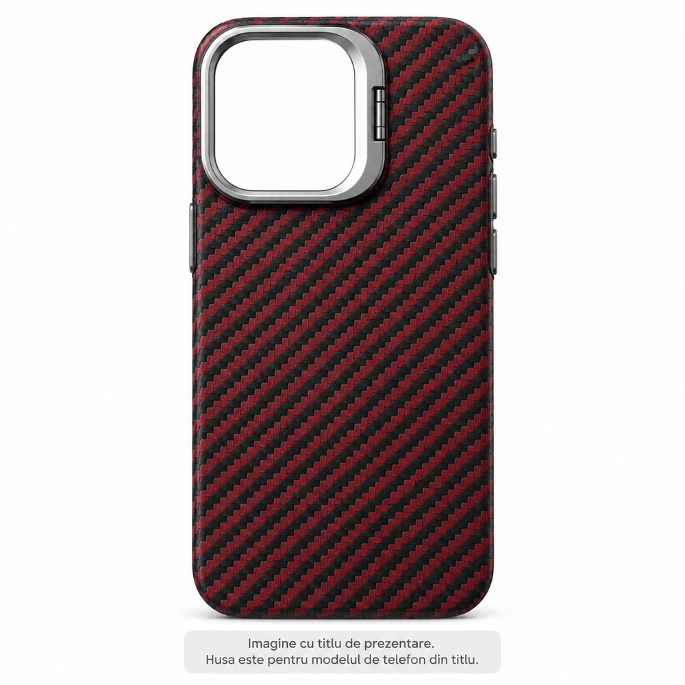 Husa MagSafe pentru Apple iPhone 15, Textura Carbon 3D, cu Suport Camera Retractabil, Rosu