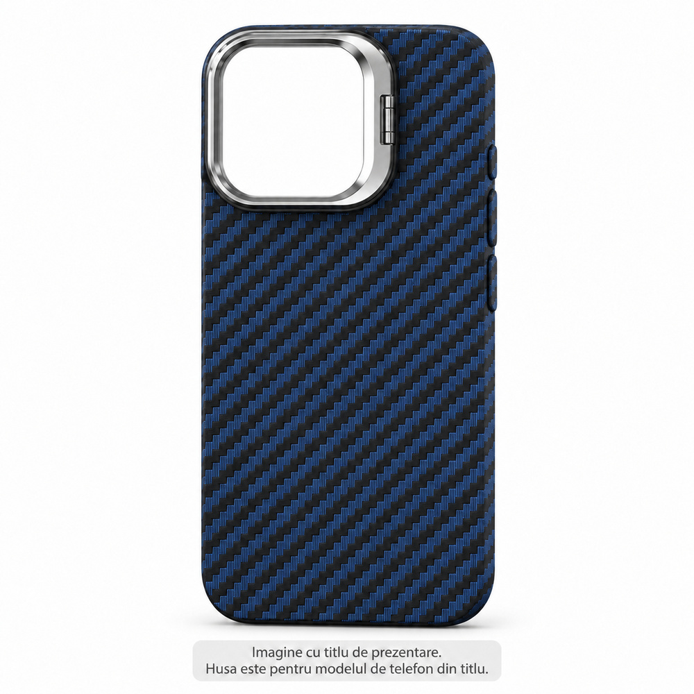 Husa MagSafe pentru Apple iPhone 17 Pro Max, Textura Carbon 3D, cu Suport Camera Retractabil, Albastru